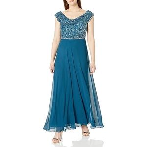 J Kara Teal Silver Beaded Long Dress Mother of the Bride Gown Size 14W